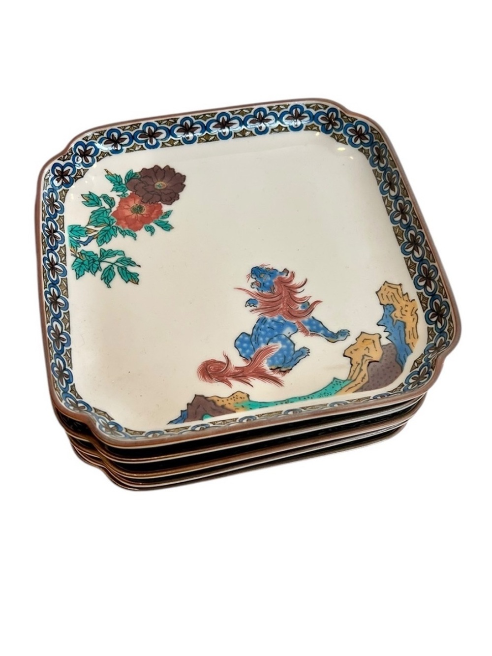 Vintage Square Kutani Kiln 6" Plates Set of 5 Japanese Collectible